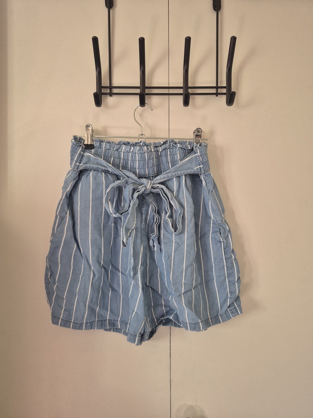 Dynamite Light Blue & White Striped Paperbag Waist Shorts